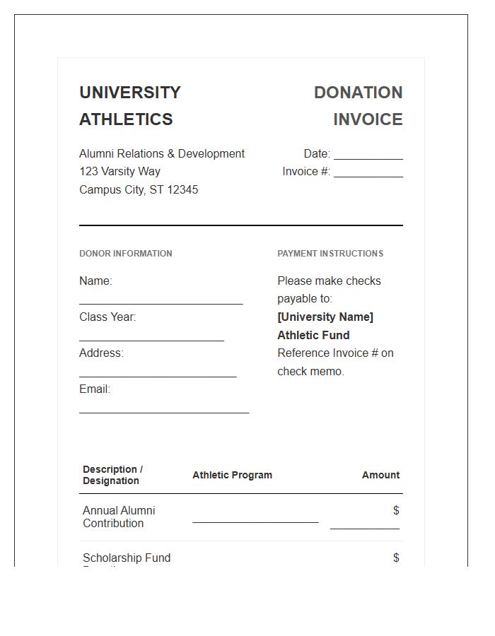 University Athletic Alumni Donation Invoice Template