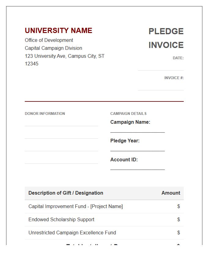 University Capital Campaign Donation Invoice Template