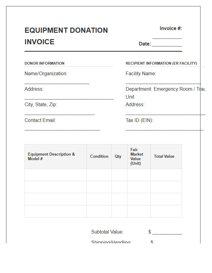 Emergency Room Equipment Donation Invoice Template
