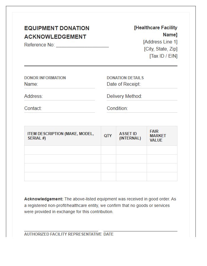Healthcare Facility Equipment Donation Acknowledgement Invoice Template