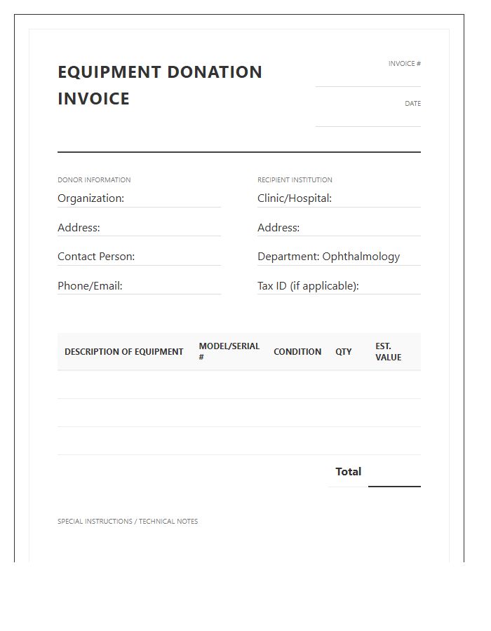 Ophthalmology Equipment Donation Invoice Template