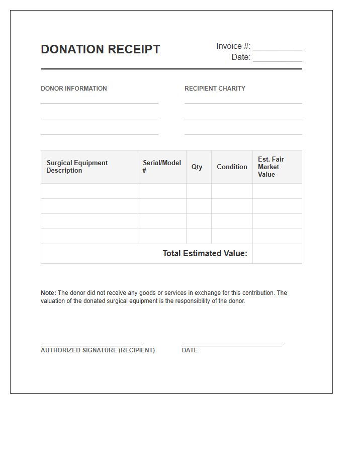 Surgical Equipment Charitable Donation Invoice Template