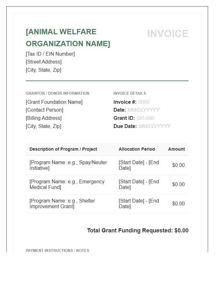 Animal Welfare Grant Donation Invoice Template