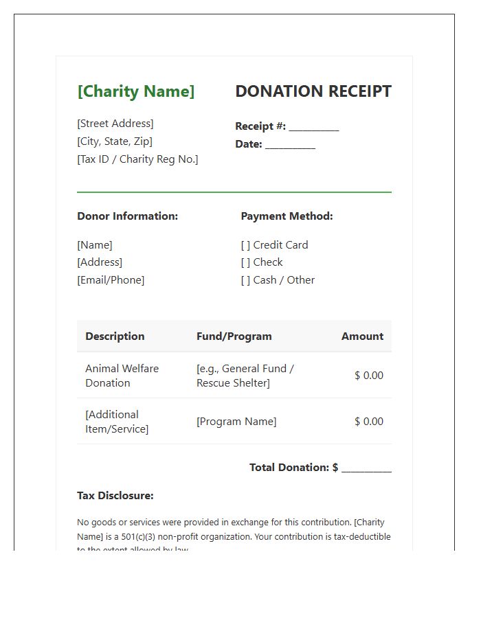 Charity Animal Welfare Donation Invoice Template