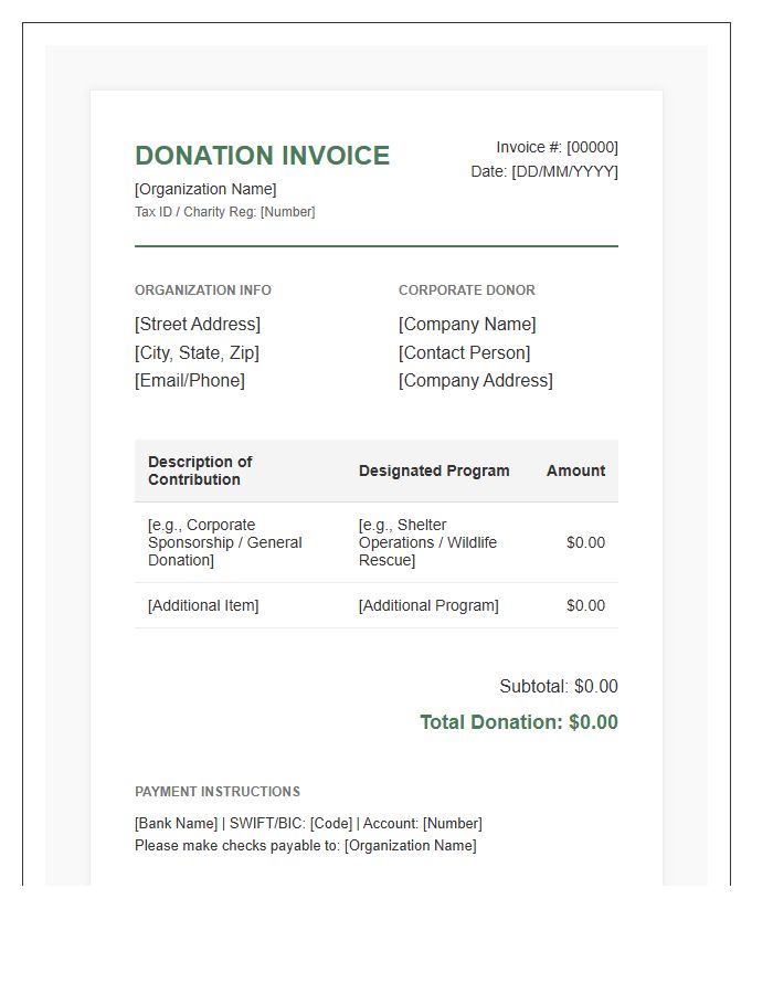 Corporate Animal Welfare Donation Invoice Template