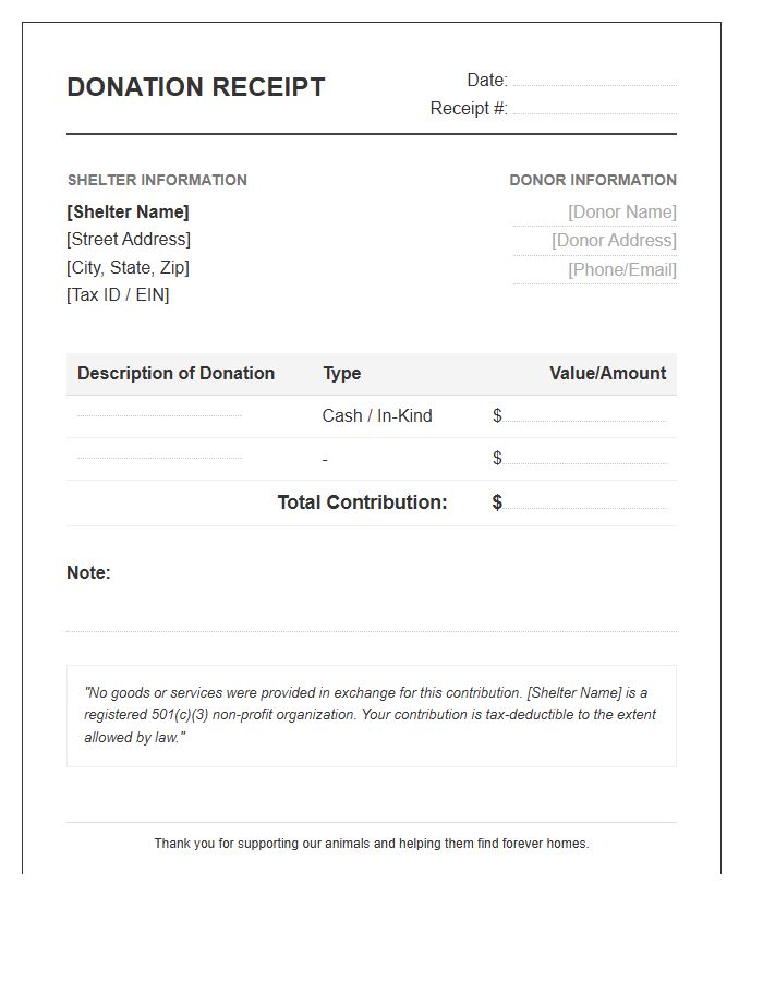 Domestic Animal Shelter Donation Invoice Template