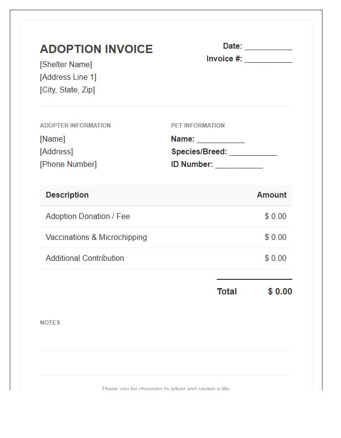 Pet Adoption Donation Invoice Template