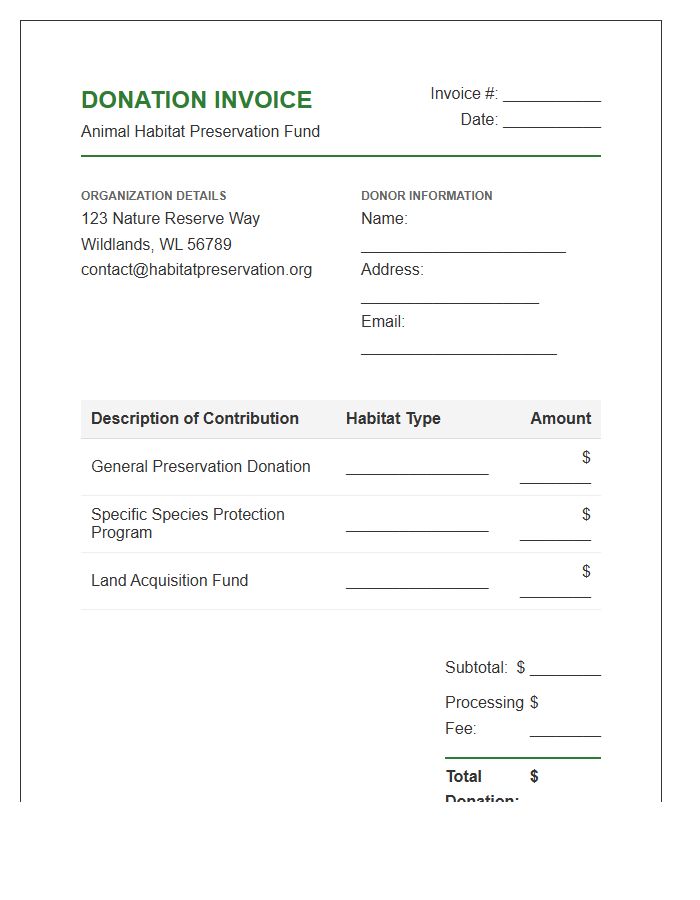 Animal Habitat Preservation Donation Invoice Template