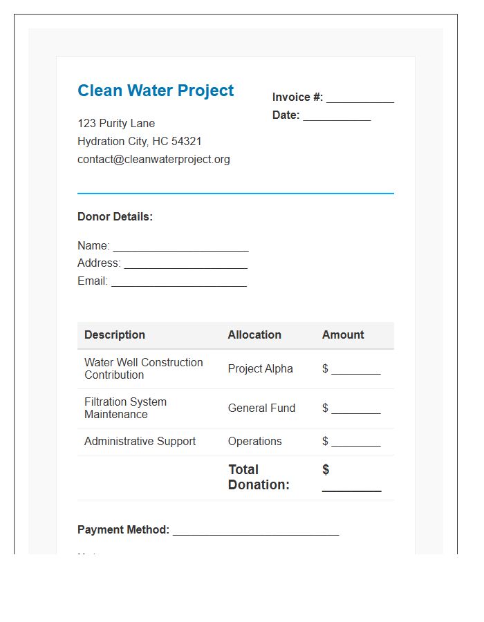 Clean Water Project Donation Invoice Template