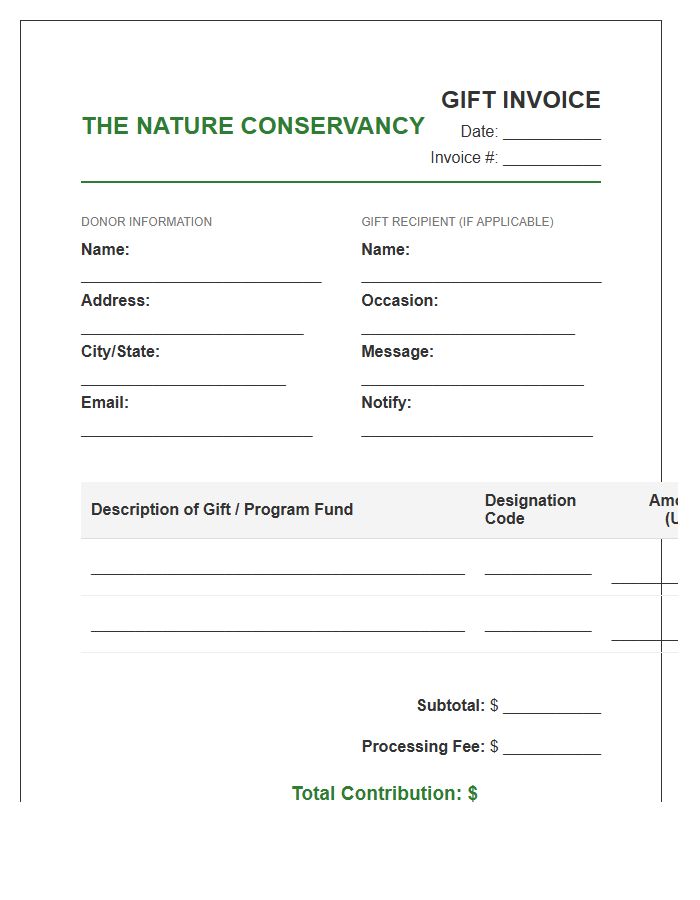 Nature Conservancy Gift Invoice Template