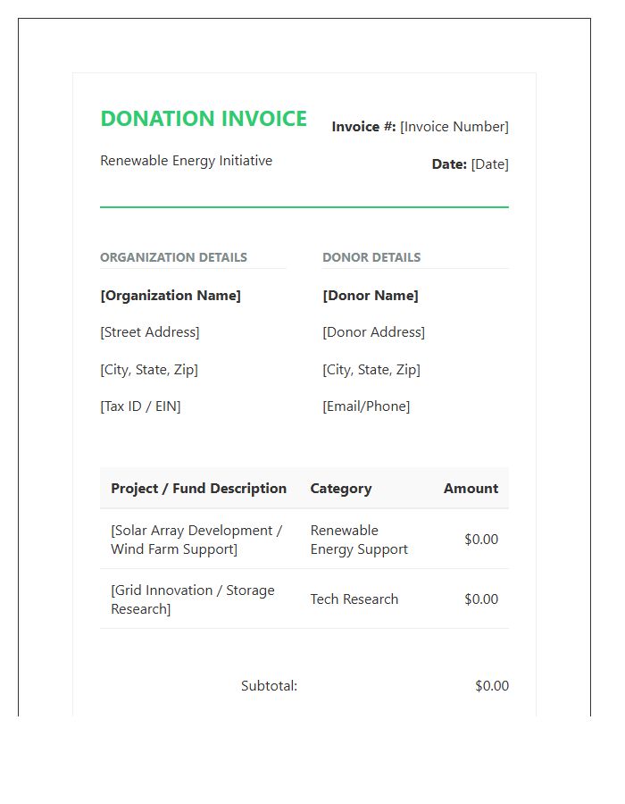 Renewable Energy Support Donation Invoice Template