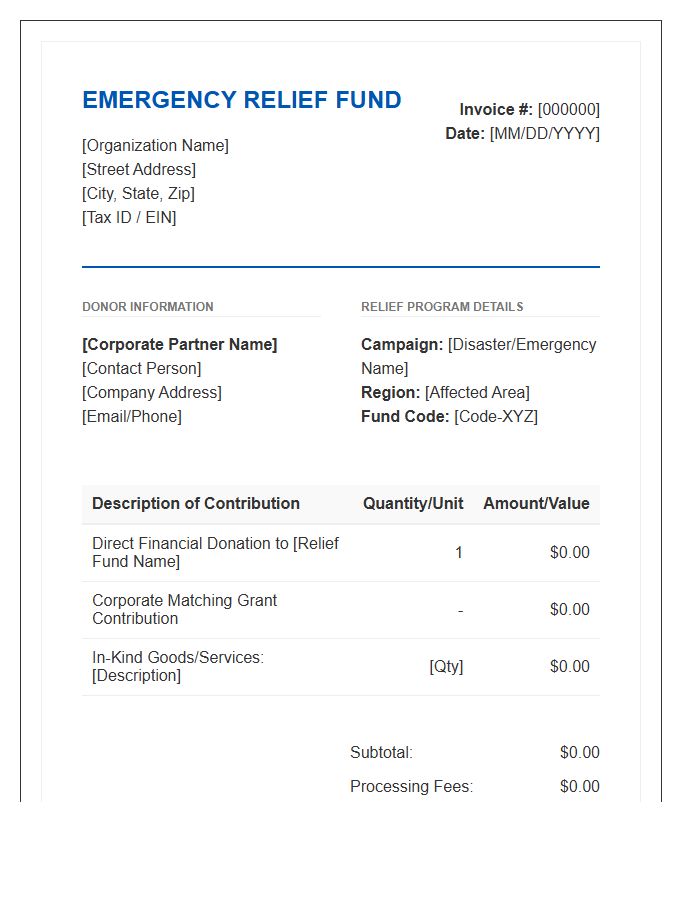 Corporate Emergency Relief Fund Donation Invoice Template