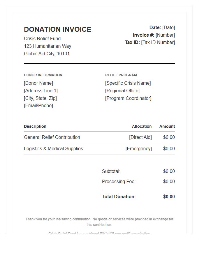 Crisis Relief Fund Donation Invoice Template