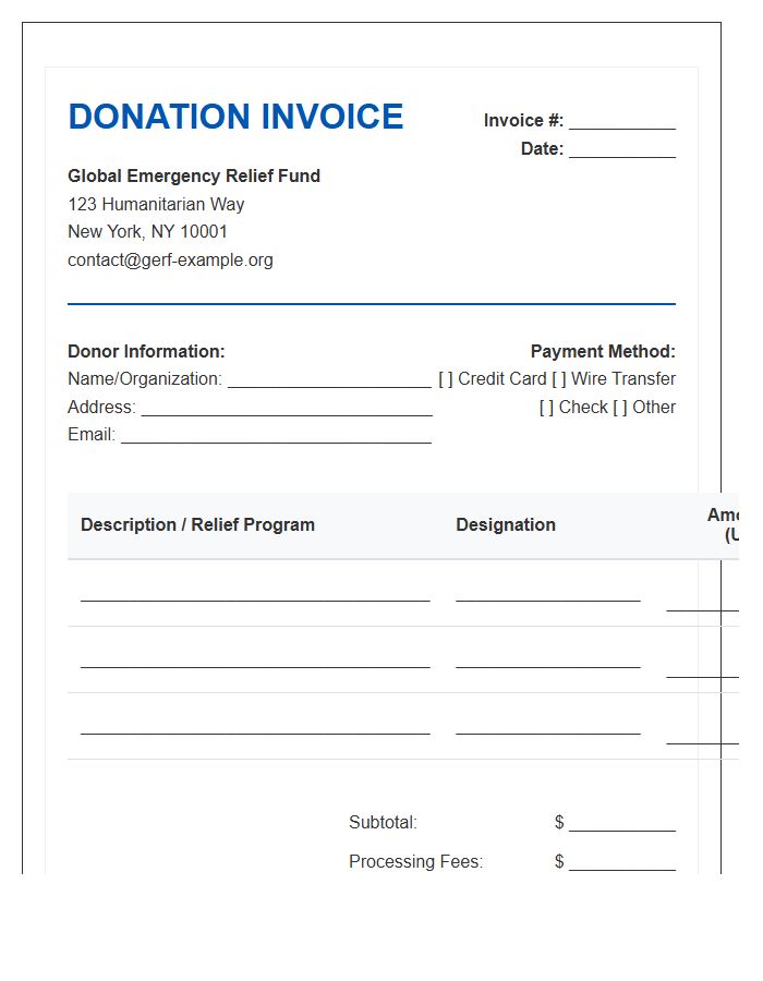 Global Emergency Relief Fund Donation Invoice Template