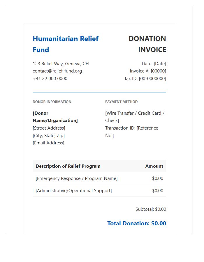 Humanitarian Relief Fund Donation Invoice Template