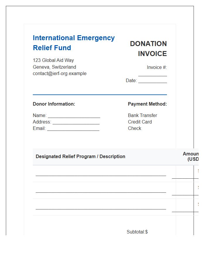 International Emergency Relief Fund Donation Invoice Template