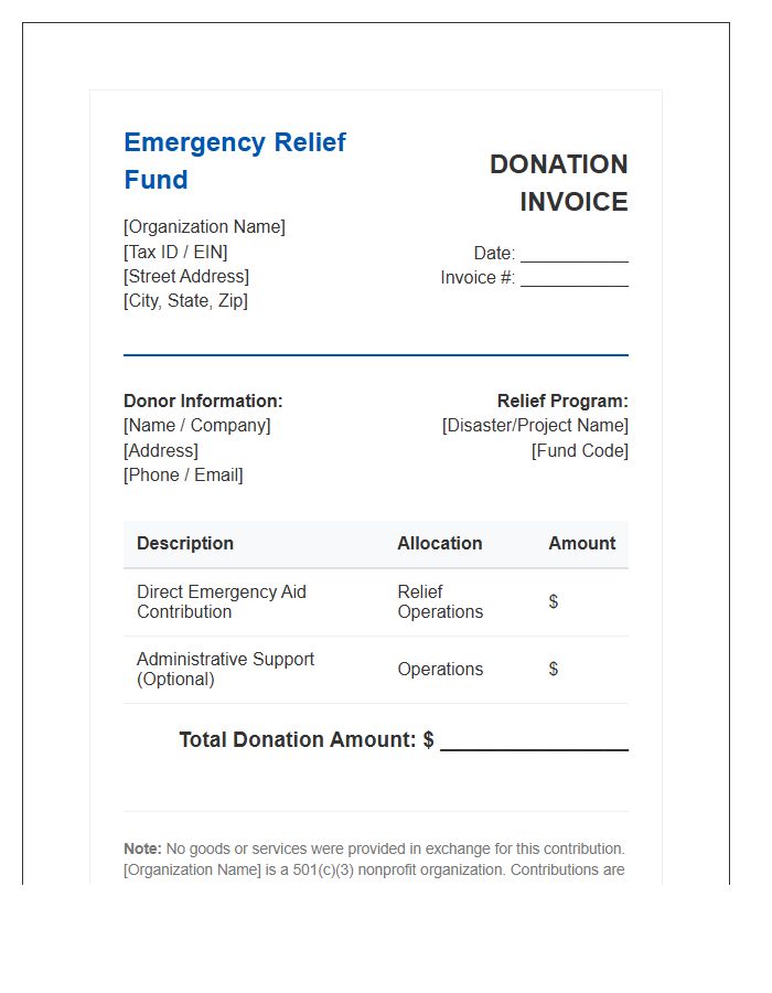 Nonprofit Emergency Relief Fund Donation Invoice Template