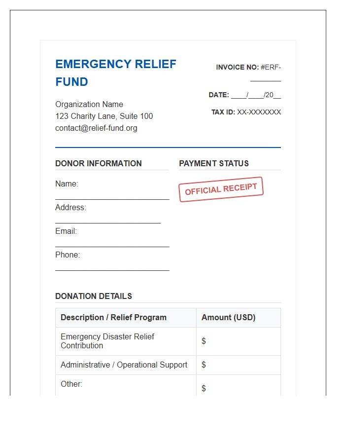 Official Emergency Relief Fund Donation Invoice Template