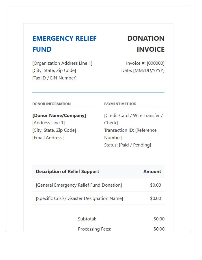 Professional Emergency Relief Fund Donation Invoice Template