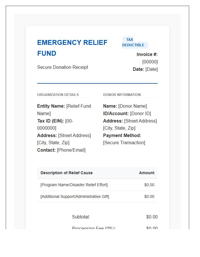 Secure Emergency Relief Fund Donation Invoice Template