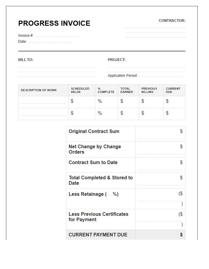 Commercial Contractor Progress Invoice Template
