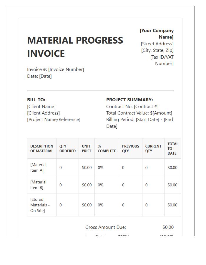 Detailed Material Progress Invoice Template
