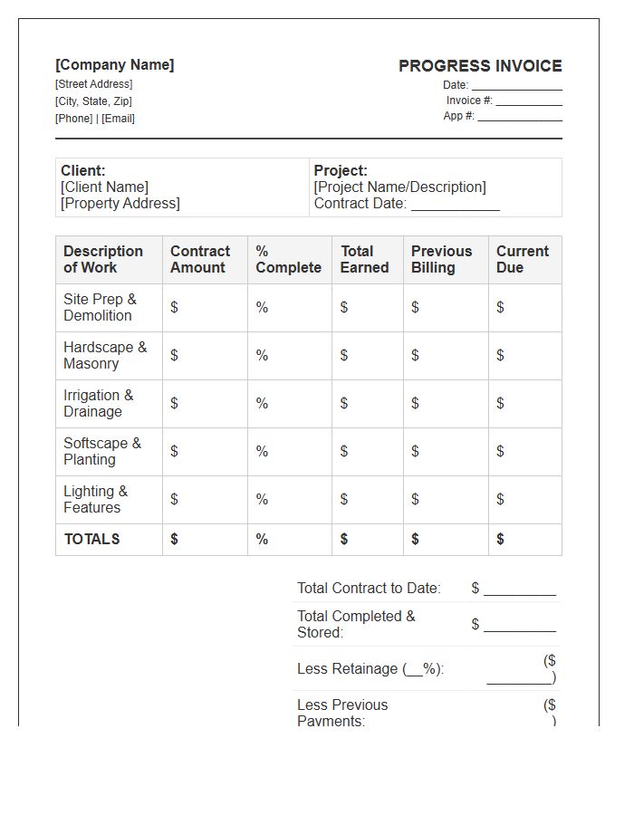 Landscape Construction Progress Invoice Template