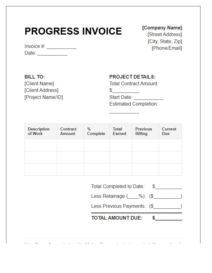 Percent Complete Progress Invoice Template