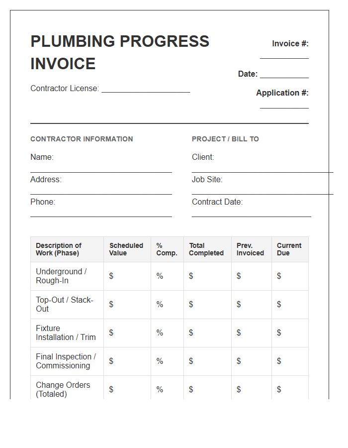 Plumbing Contractor Progress Invoice Template