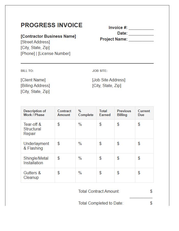 Roofing Contractor Progress Invoice Template