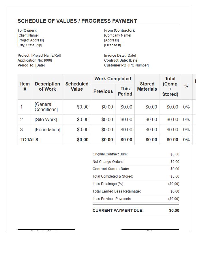 Schedule Of Values Progress Invoice Template