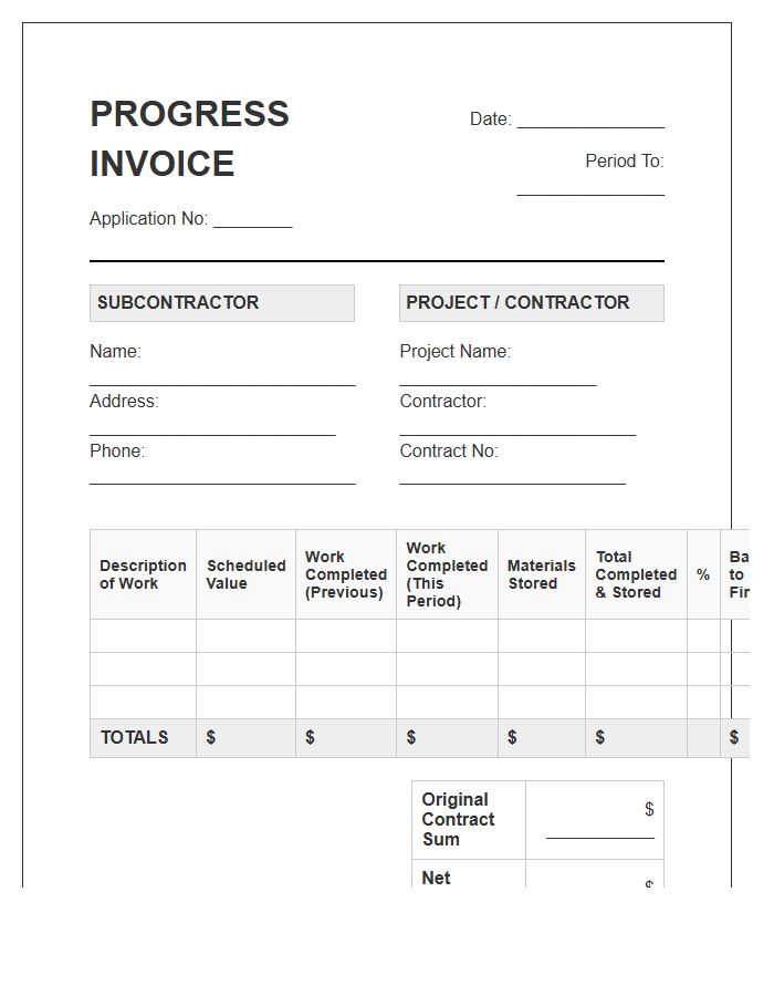 Subcontractor Monthly Progress Invoice Template