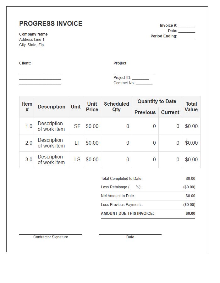 Unit Price Progress Invoice Template