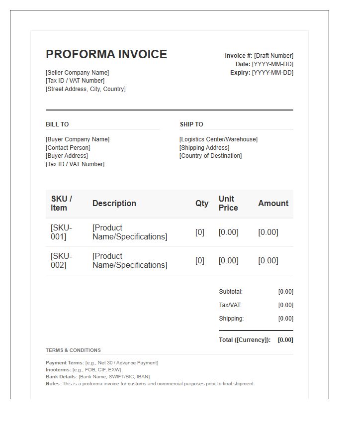 B2B E-commerce Transaction Proforma Invoice Template
