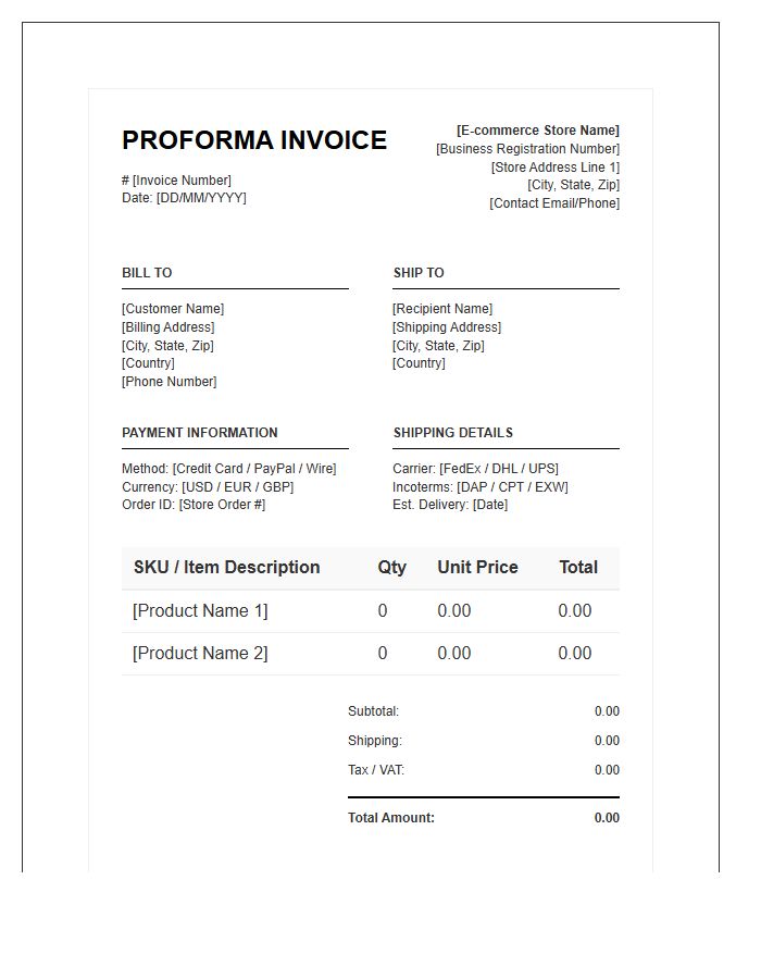 Commercial Proforma Invoice Template For E-commerce