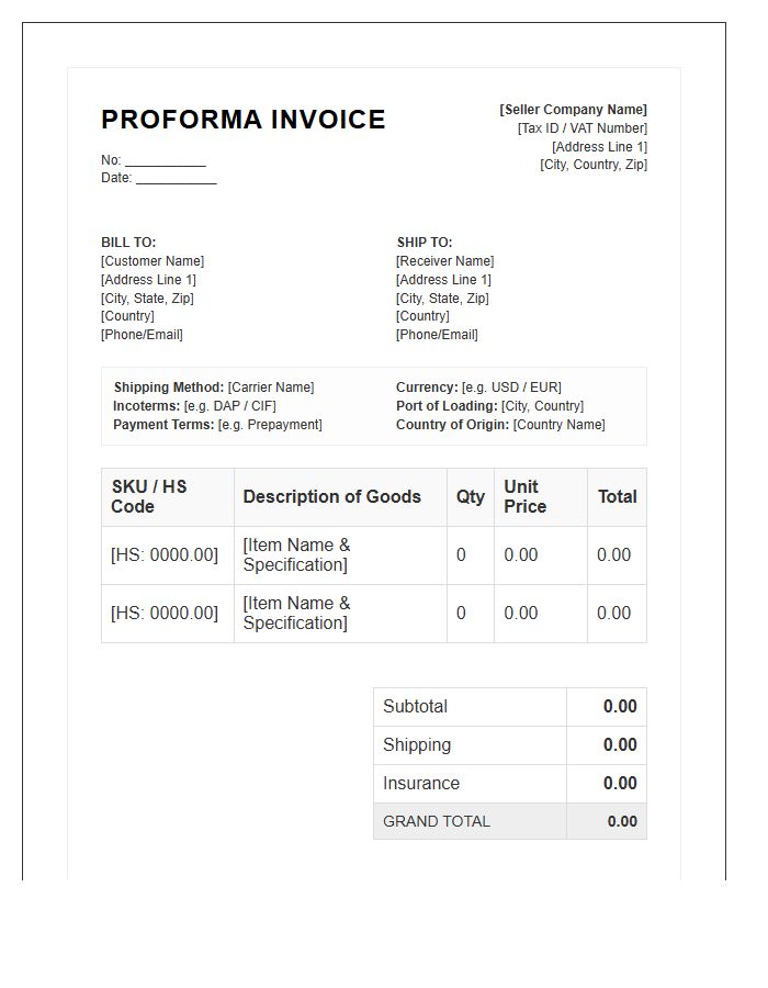 Cross Border E-commerce Proforma Invoice Template