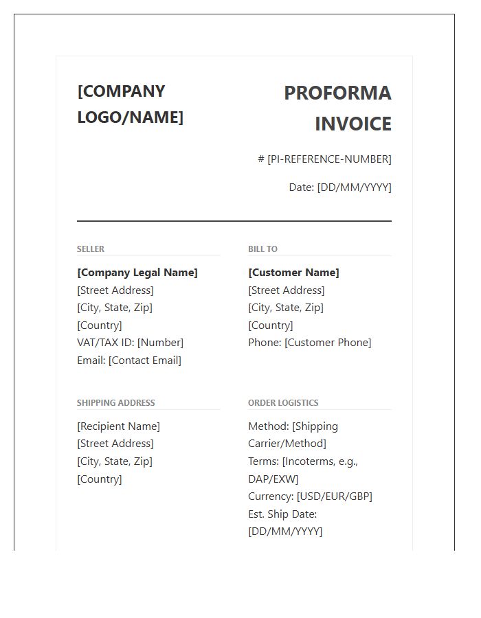 Detailed E-commerce Sales Proforma Invoice Template