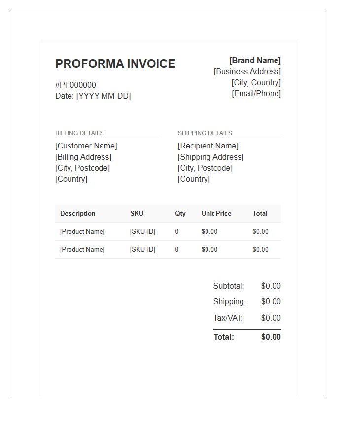 Direct To Consumer E-commerce Proforma Invoice Template