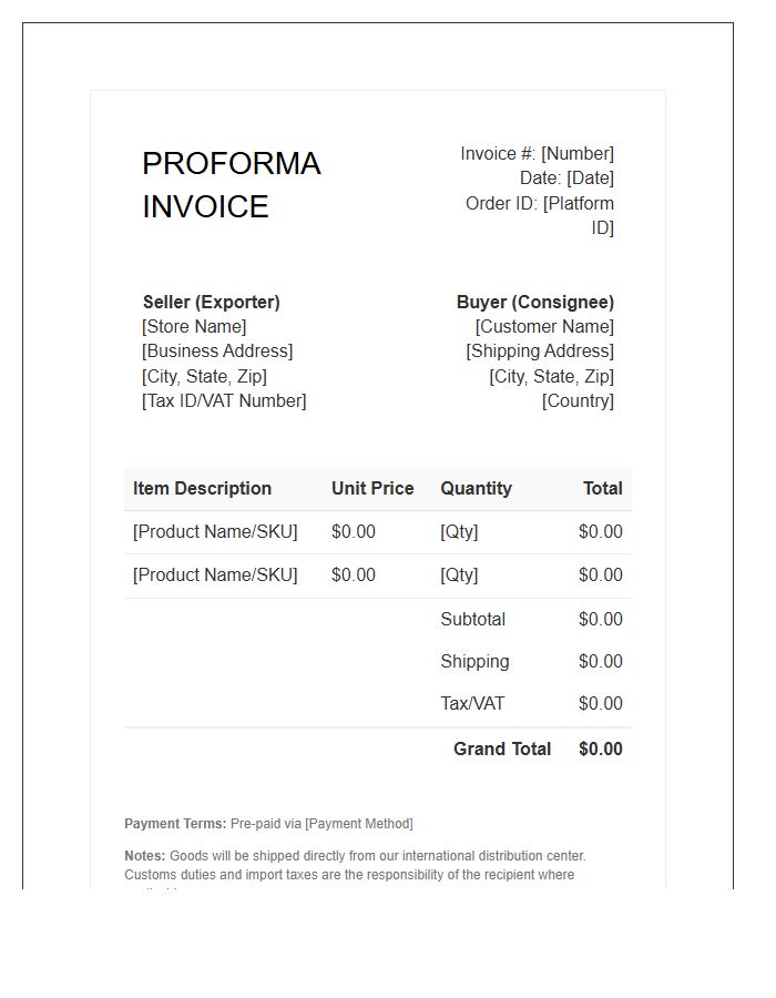 Dropshipping E-commerce Proforma Invoice Template