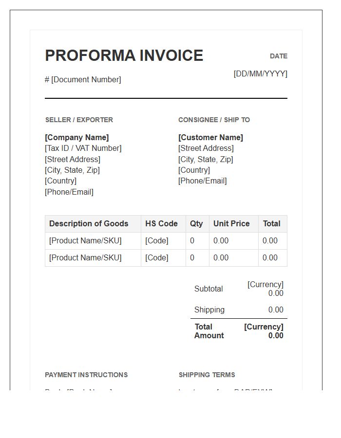 Global E-commerce Proforma Invoice Template Format