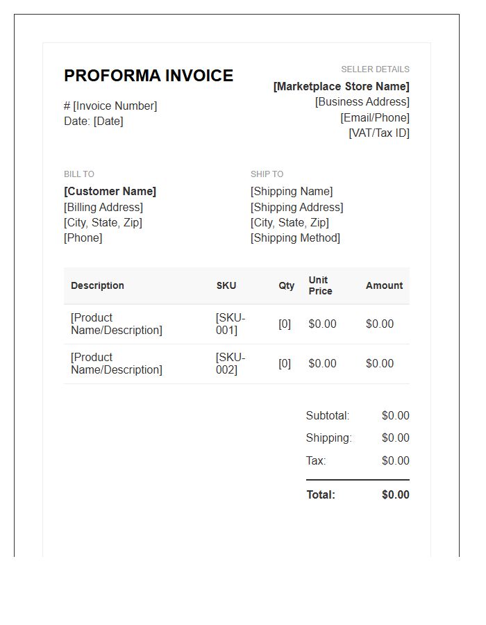 Marketplace Seller Proforma Invoice Template