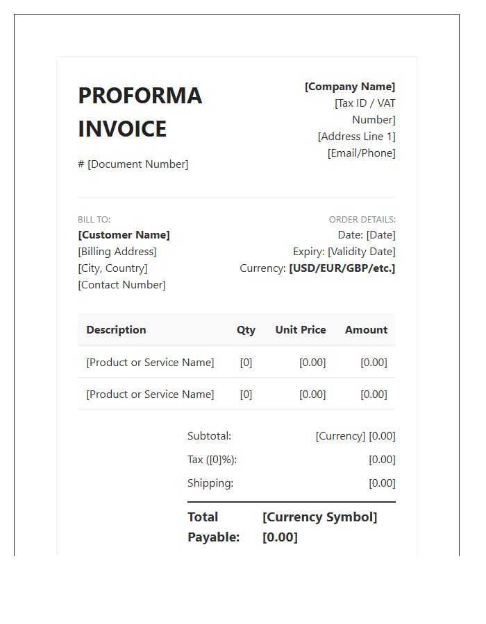 Multi Currency E-commerce Proforma Invoice Template