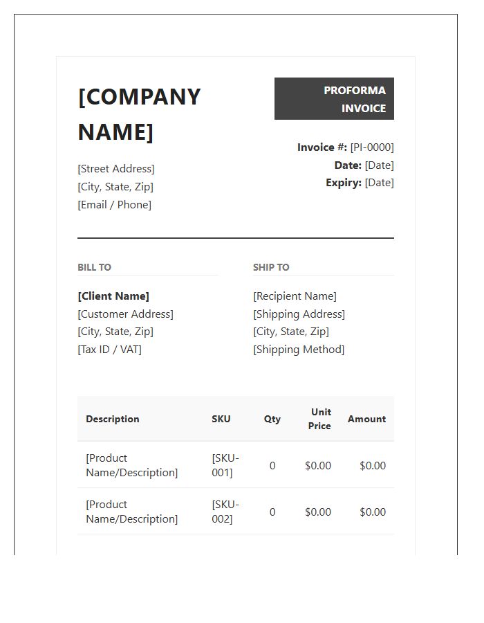 Professional E-commerce Proforma Invoice Template For Business