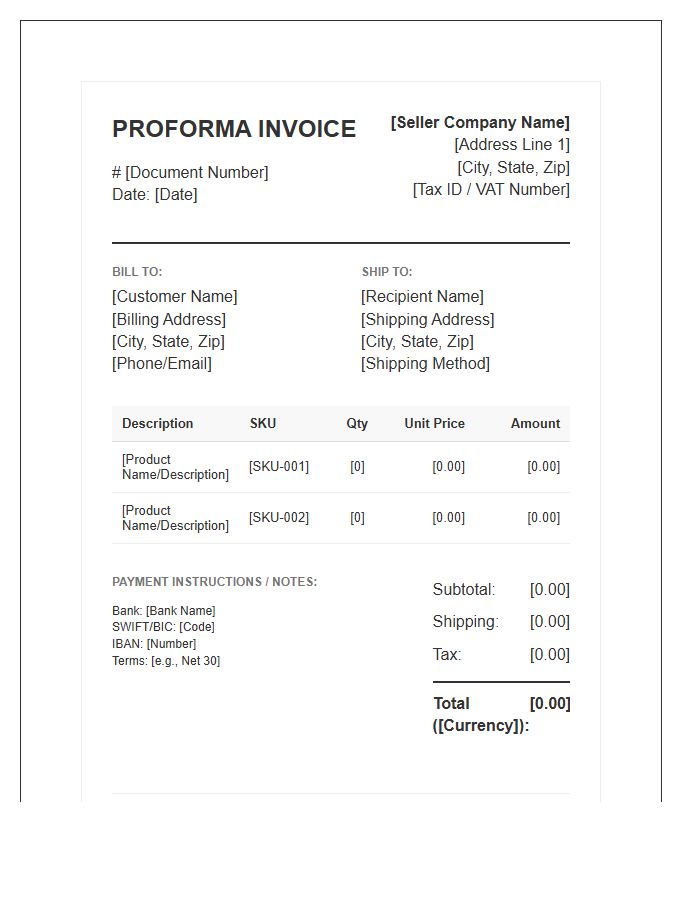 Standard E-commerce Proforma Invoice Template Layout
