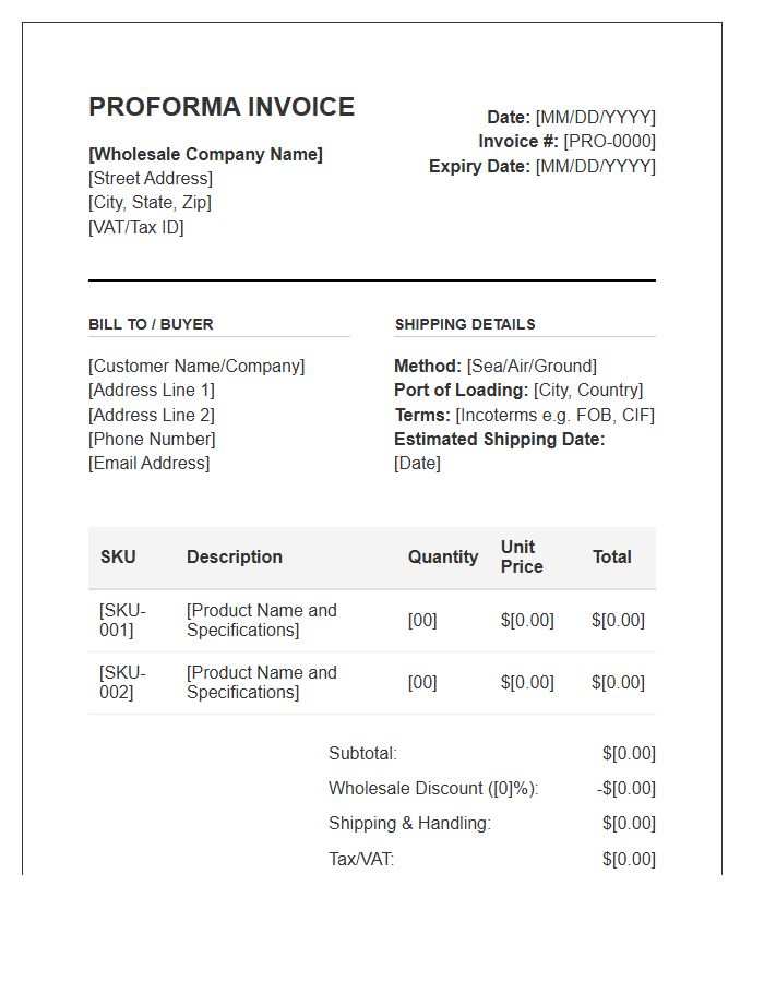 Wholesale E-commerce Proforma Invoice Template