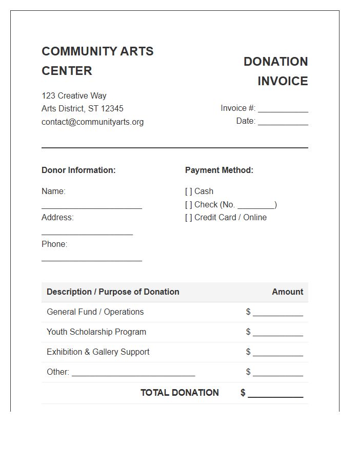 Community Arts Center Donation Invoice Template