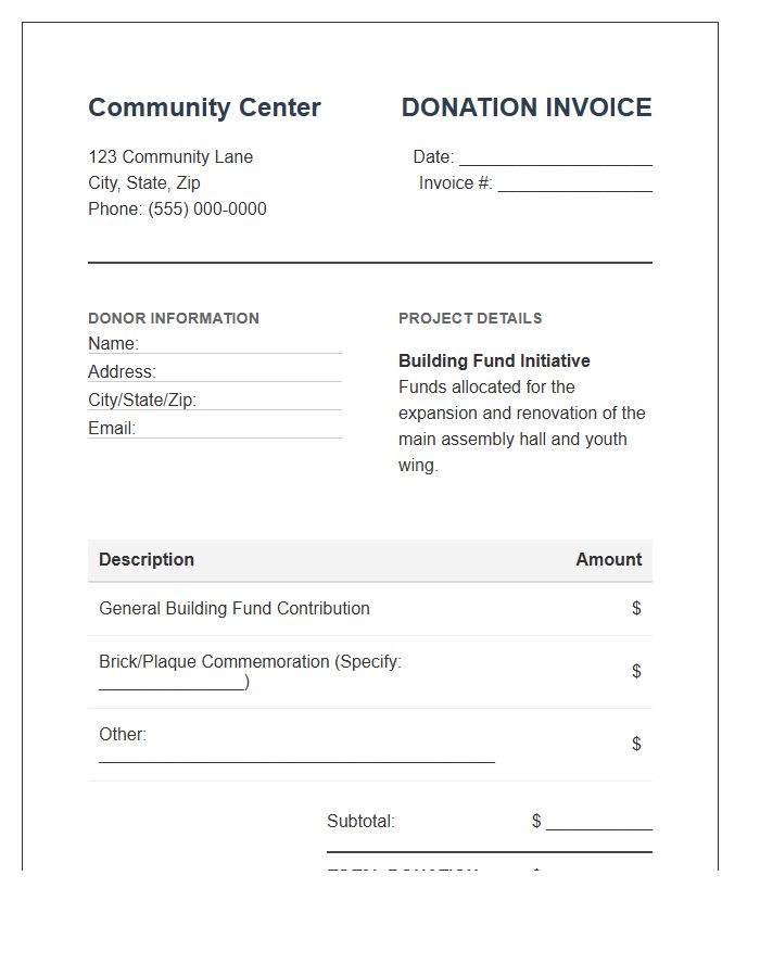 Community Center Building Fund Donation Invoice Template