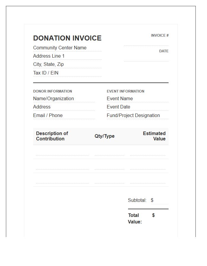 Community Center Event Donation Invoice Template