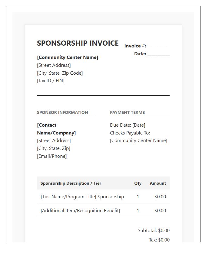 Community Center Sponsorship Donation Invoice Template