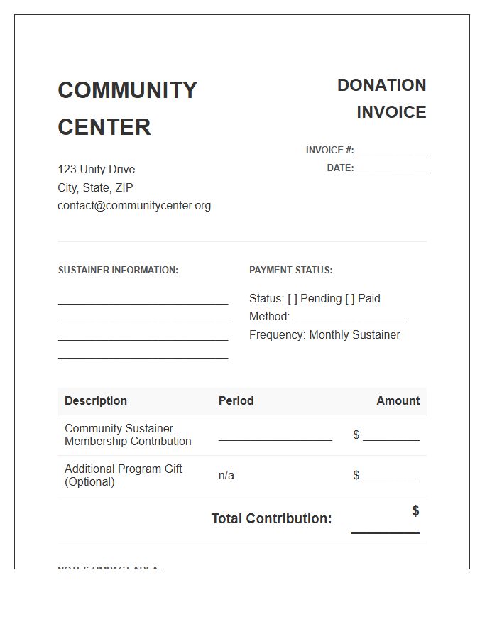 Community Center Sustainer Donation Invoice Template